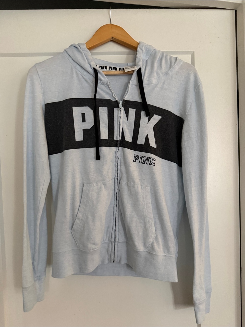PINK Light Blue Zip-Up Hoodie with Black Detail